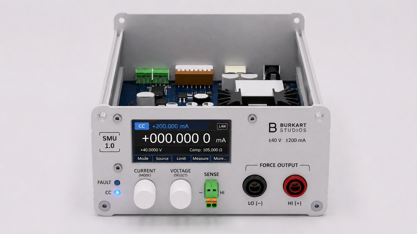 Source Measure Unit electronics prototype in a machined aluminum enclosure.